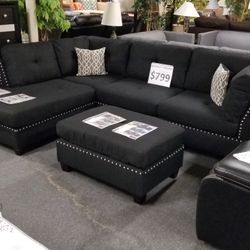 Brand New 104" x 75" Black Linen Reversible Sectional + Ottoman