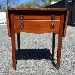 Vintage Wooden Drop Leaf Table Stand With Flip Top And Silverware Drawer