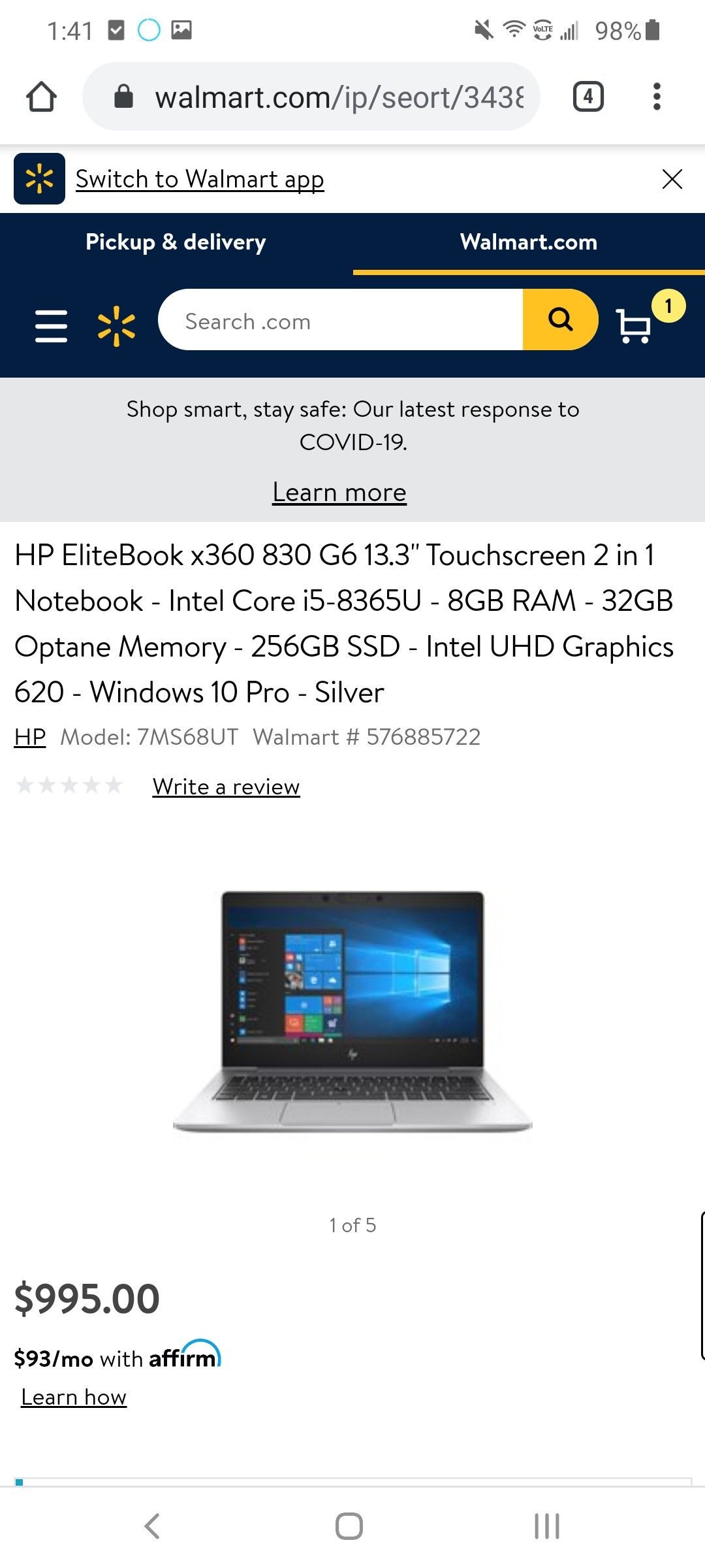 hp elitebook x360 13.3 2in1 notebook i-5 processor