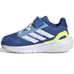 Adidas Runfalcon 5 Elastic Lace & Strap Infant Little Boys Shoes, Size 5K Kids Children Toddlers Sneakers, Cloudfoam Sole, Blue/White/Lemon, BRAND NEW