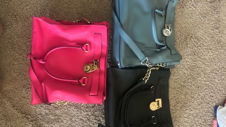 Michael Kors Fucshia/Black/Blue Leather Hamilton Satchel Purse Bag