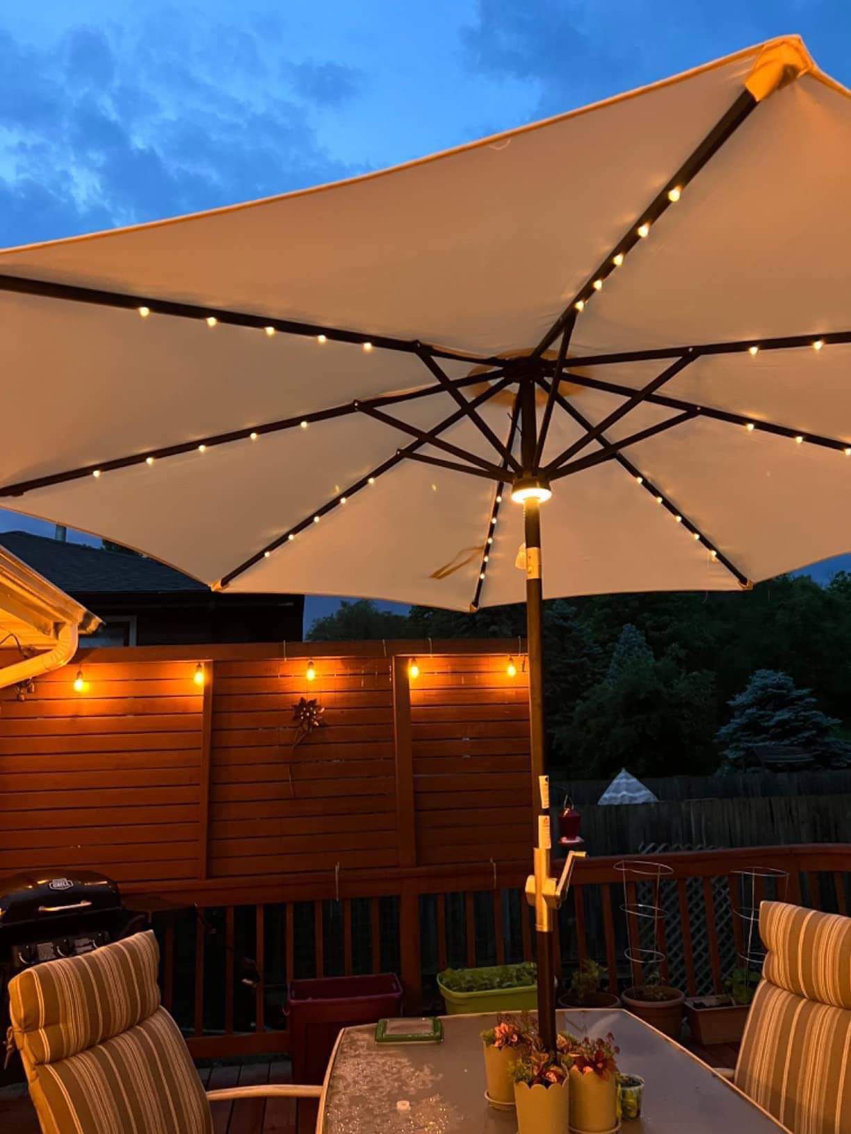 Patio Umbrella New in Original Packaging 9 Ft With LED Lighting and Push Button Tilt Function.