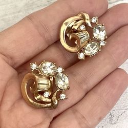 Gold Tone Faux Diamond Vintage Clip On Earrings 