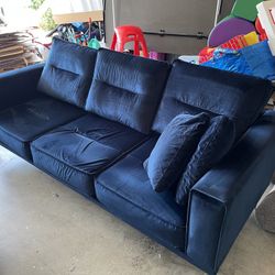 Navy Blue Velvet Three Seat Couch With Gold Legs