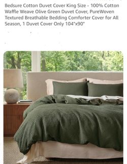 Bedsure Cotton Duvet Cover King Size - 100% Cotton Waffle Weave Olive Green Duvet Cover, PureWoven Textured Breathable Bedding Comforter Cover for All
