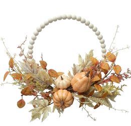 Autumn Wood Bead Pumpkin Fall Wreath for Front Door, 16"