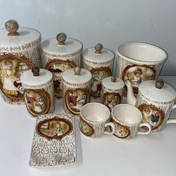 CANISTER SET Salt Pepper Sears Circa 1978  Pioneer Woman  Gingham Girl Lot Of 11