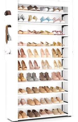 Tall Shoe Rack with Cover, 10 Tier Shoe Organizer Storage for 50-55 Pairs Shoes and Boots Large Capacity Shoe Shelf with 8 Pockets Free Standing Shoe