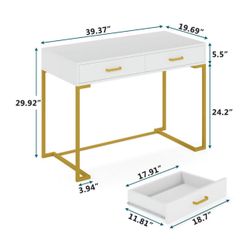 White Vanity or Writing Desk + Gold Legs & Furry Chair 