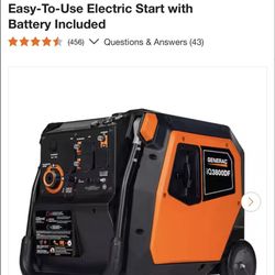 Generac 3800/3000-Watt Dual Fuel Inveter Generator, Fully Enclosed Case and Easy-To-Use Electric Start with Battery Included As is
