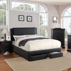 Queen Size Black Plain Platform Bed W Ortho Mattress 
