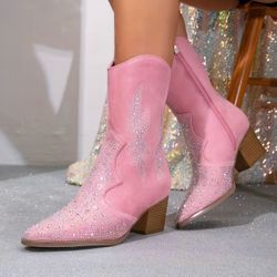 Pink Rhinestone Pointed Toe Mid-Calf Block Heel Western Cowboy Boots - Women’s 6