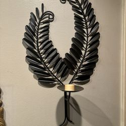 Lovely Black Large Metal Feather / Leaf Style Wall Hanging Candle Holder Decor