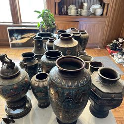 Vintage Asian Japanese Cloisonne Vases Porcelain Enamel 