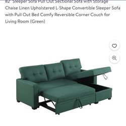 Sleeper Sectional Sofa with Storage Chaise, Green