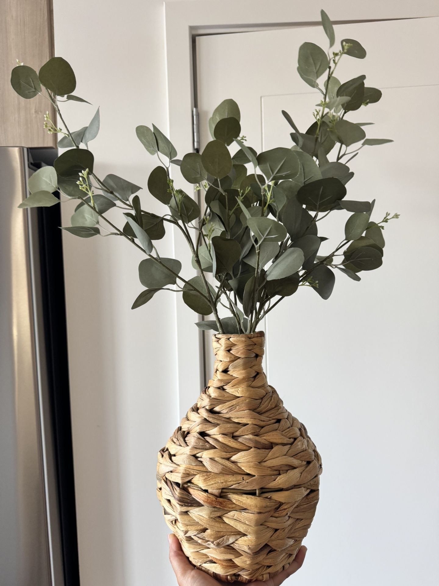 Woven Vase With Faux Eucalyptus Leaves