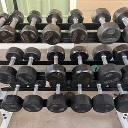 Troy 5-50lb rubber coated dumbbell set with heavy duty 3 tier rack