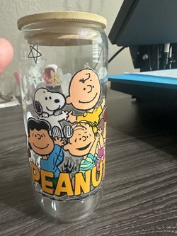 Peanuts Glass Can Cup with Bamboo Lid
