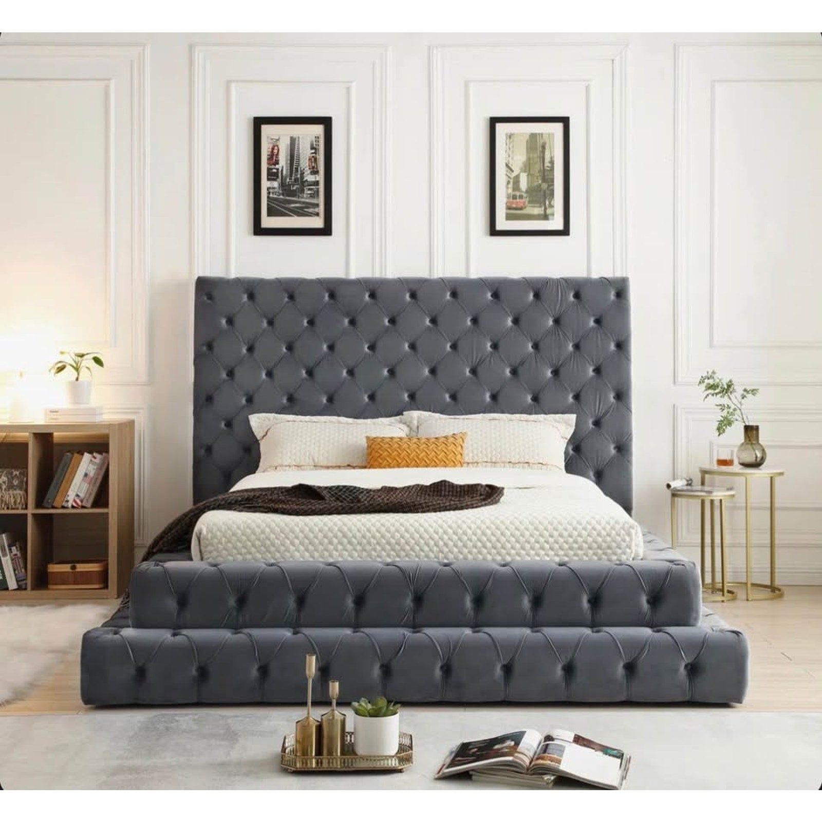 New Queen Bed Tufted Gray Velvet $3,000 Retail “open box” (3 large boxes) Delivery Available