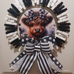 Baby Cow In Black And White Handmade, Hand Painted  Clothes Pin Wreath 