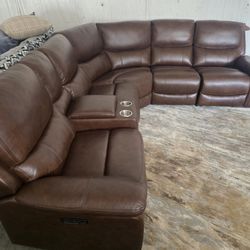 Brand New Lifestyle Sassari Chocloate Top Grain Leather 6pc Dual Powered Sectional W USB & C Port