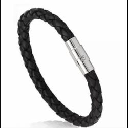 MEN BLACK SILVER BRAIDED LEATHER WRAP BRACELET TRENDY STYLE ! GIFT 🎁