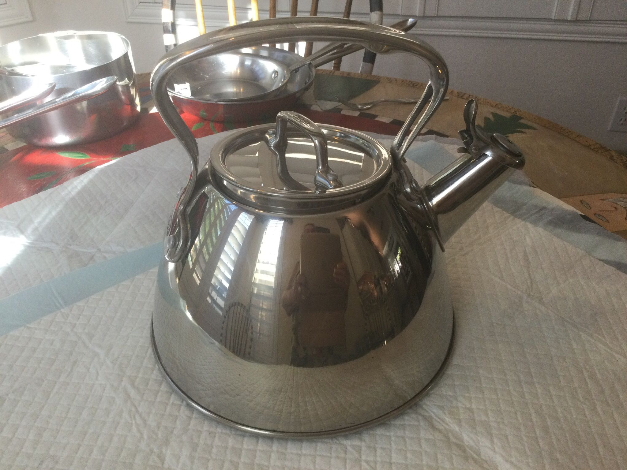 4 Qt. All Clad Stainless Steel Whistling Tea Kettle.