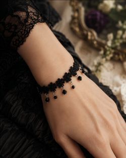 Handmade Black Lace Bracelet with Crystal Beads, Dark Romance, New Goth Wrist Cuff