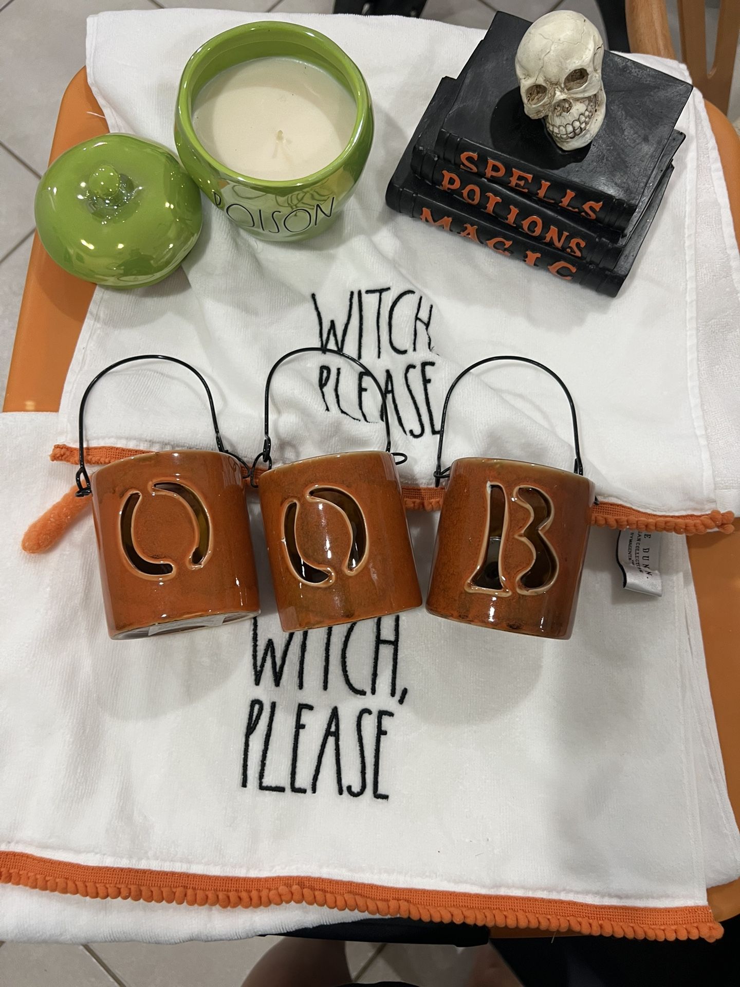 Halloween items $5 for all Rae Dunn poison candle witch please hand towels boo candle holder
