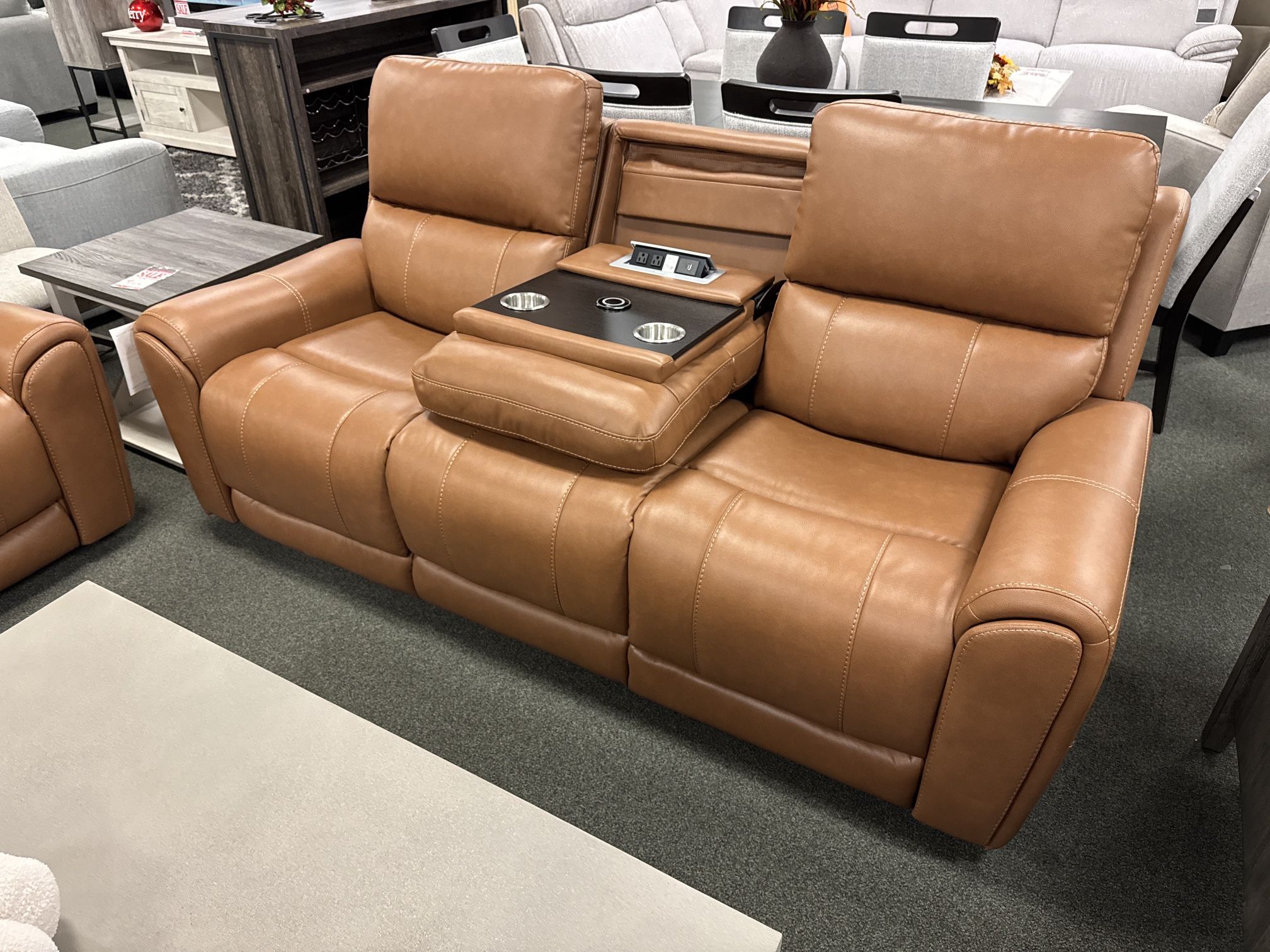 Leatherette Power Sofa With Drop Down Consolé 