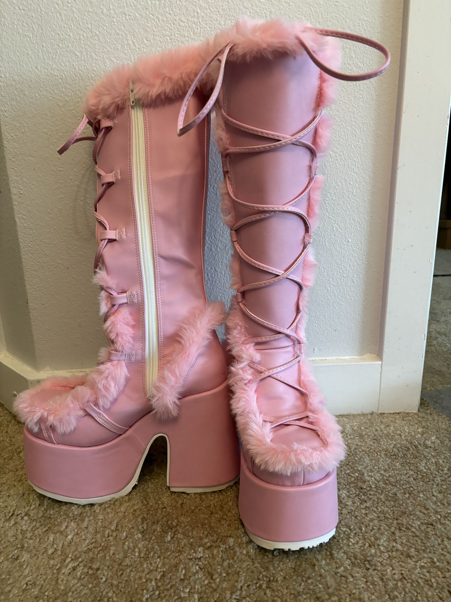 Demonia Pink Fuzzy Knee High Boots