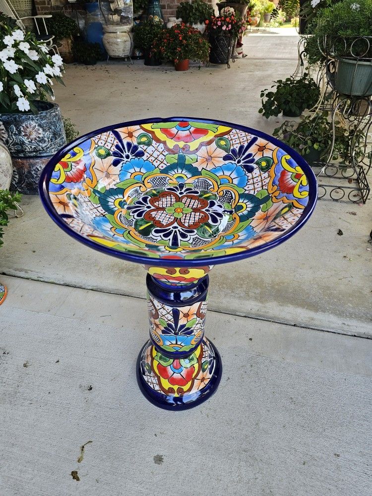 Blue Rim Talavera Birdbath. Clay Pots, Planters, Pottery, Plants