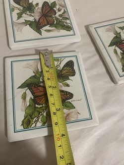 3Vintage Monarch Butterfly Ceramic Tile Coasters Trivets Botanical Wall Decor 4”