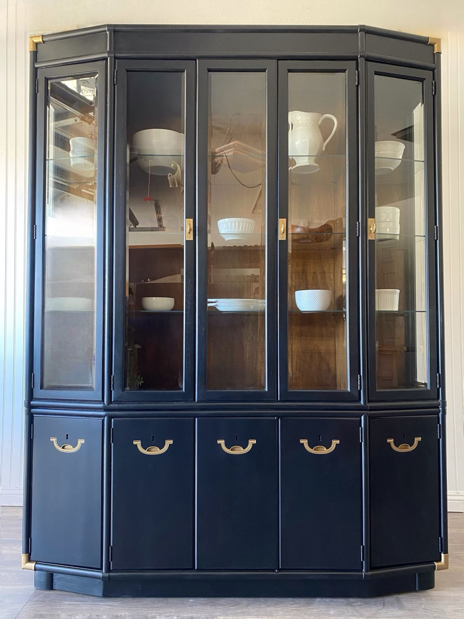 Mid Century Modern Drexel Accolade Campaign Style China Cabinet MCM Hutch Painted Black & Gold