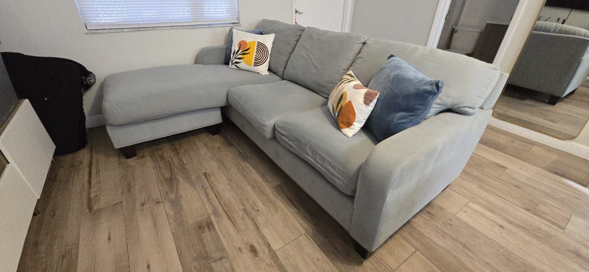 Light Blue Fabric Sofa with Reversible Chaise And Hand Pullout Sofa bed