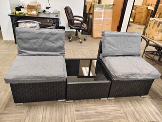 Grey cushion  3 Pieces Patio Furniture Set. Black Rattan Modular Sofa and glass table
