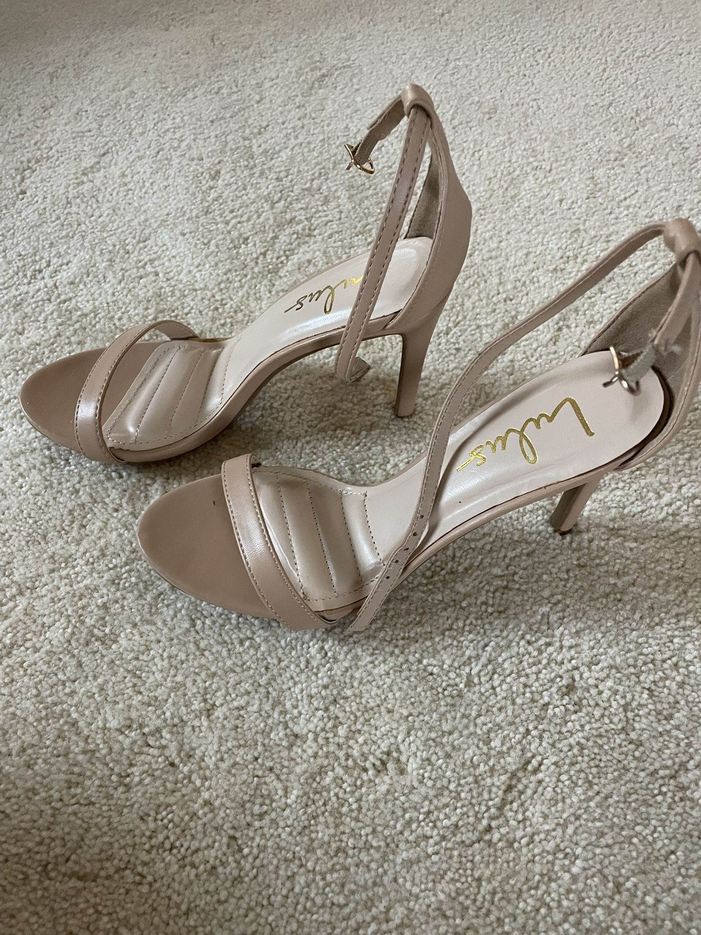 Lulus Elise sz 8.5 tan patent sandal heels tan/blush