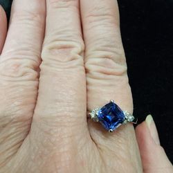 Genuine 10K white gold diamond lab created sapphire ring (#158)