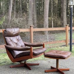 Mid Century Modern Scandinavian Teak and Leather Reclining Armchair  & Stool  from Lied Mobler, 1960s,