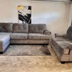 Gray Suede Sofa Set: 3-Seater Sectional Sofa And 2-Seater Loveseat Seat