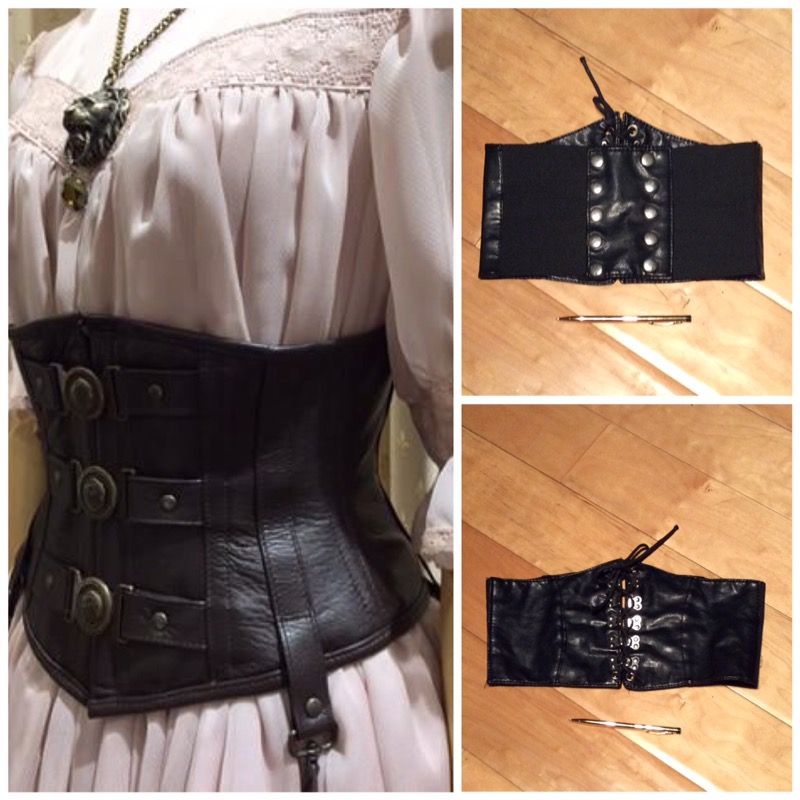 black leather mid waist corset -small