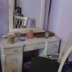 White Desk With Mirror and Nightstand 