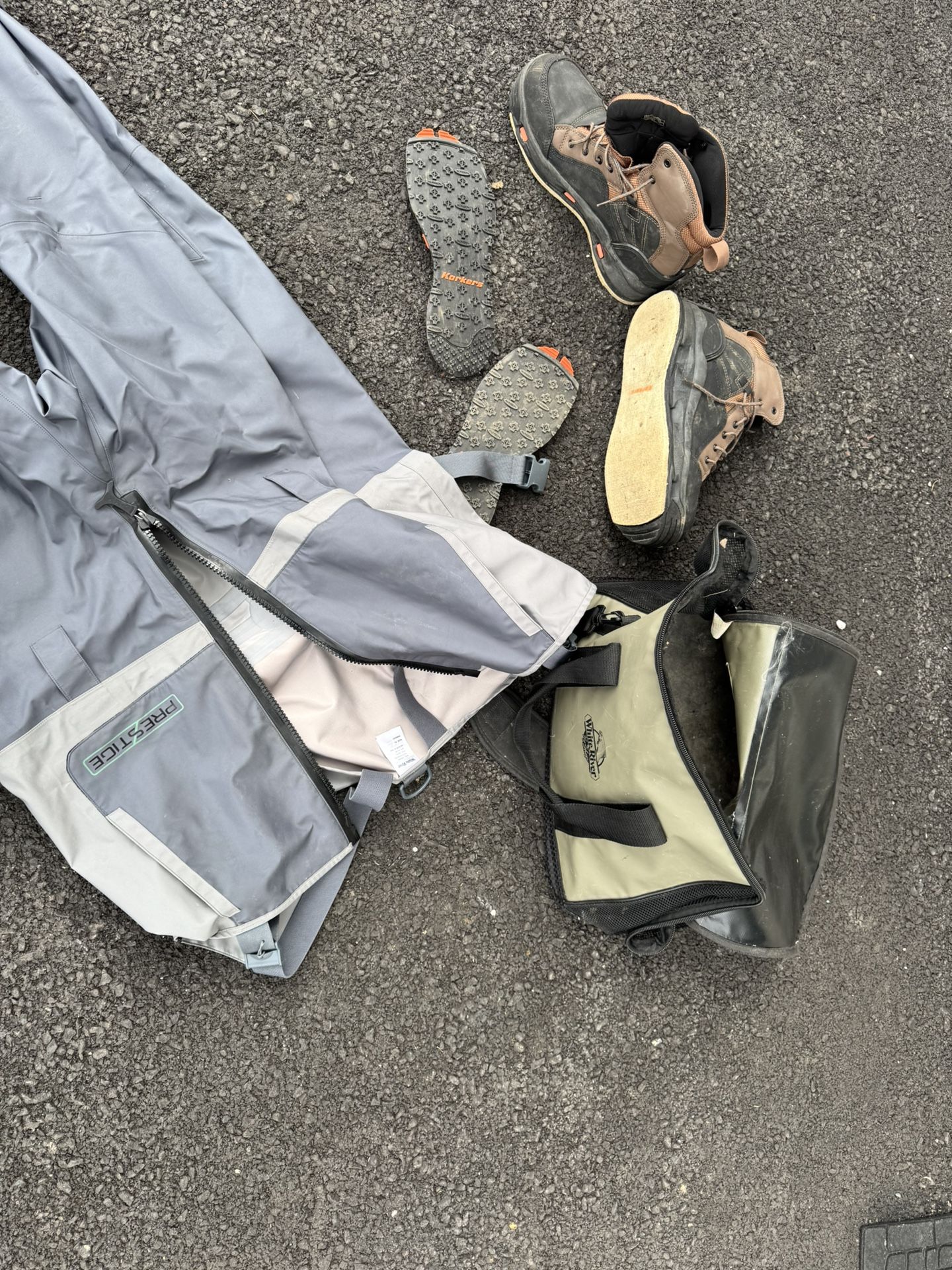 Prestige Front Zipper Waders Size XL, Korker Buckskin Boots Size 14, And A Wader Bag