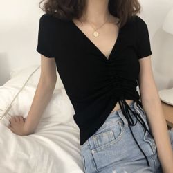 Black Solid Drawstring Ruched Knit Top