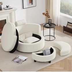 AYEASY 39.8” Swivel Accent Barrel Chair with Storage, Oversized Round Chairs with Half Moon Ottoman, Swivel Barrel Chaise Lounge Indoor with Neck Supp
