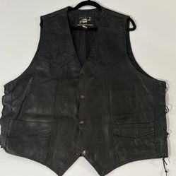 Jafrum Motorcycle Vest Leather Mens 54 Black Snap Button Sleeveless