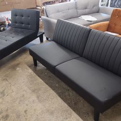 New Futon Sofa With Chaise Lounge Faux Leather Black 