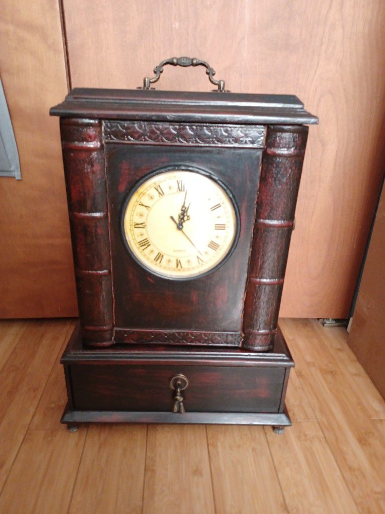 Vintage Footed Wooden Jewelry Box With Clock & Drawer 