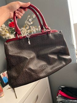 GUESS Brown Logo Satchel with Red Trim
