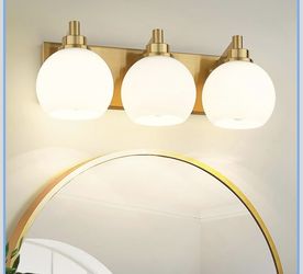 Bathroom Light Fixtures, 3-Light Brushed Gold Vanity Light, Modern Wall Sconces with Milk White Globe Glass Shade, Vanity Lighting Fixtures Over Mirro